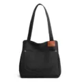Borsa a tracolla in tela nera da donna, grande shopper casual con tasca frontale. - Nero