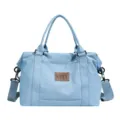 Borsa shopper denim azzurro, borsa tracolla viaggio capiente casual con patch KVKY. - Blu