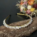 Nahaufnahme des goldenen Kristallhaarreifens auf Baumrinde mit getrocknetem Blumenhintergrund. - Bergkristall & Weiß