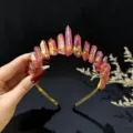 Detail view of a stunning handmade raw pink crystal tiara headband with gold wire wrap. - AB Red