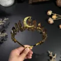 Raw crystal crown headband with golden wire, star moon charm, elegant festival hair accessory. - Smoky Quartz Gold Moon and Gold Star