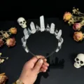 Gothic crystal crown headband with white quartz pillars and metal accessories for Halloween. - White Crystal And Silver Crow Head