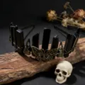 Gothic black crystal crown headband with bronze butterfly and skull accessories for women detail shot - Obsidian + Antique Bronze Crow & Butterfly