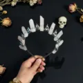 Natural pink quartz crystal crown headband with skull charms for Halloween gothic party photo shoot. - Pink Crystal And Silver Crow Head