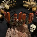 Gothic crystal crown headband featuring red jasper stone pillars, butterfly and skull charms for women. - Red Jasper + Antique Bronze Crow & Butterfly
