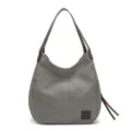 Casual grey canvas shoulder bag for women, stylish hobo handbag with brown leather handles. - Gray