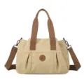 Borsa shopper in tela casual da donna, grande borsa a tracolla con manici marroni. - Kaki