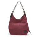 Borsa a mano vintage casual da donna in tela con manici in pelle marrone rosso vino - Caffè Viola