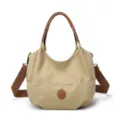 Borsa a tracolla in tela beige con manici marroni, grande borsa casual per il lavoro. - Kaki