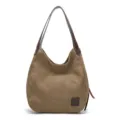 Casual brown canvas shoulder bag for women, versatile hobo handbag with leather straps. - Coffee