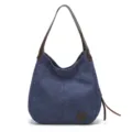 Blue canvas shoulder bag for women, stylish casual tote bag with brown leather straps. - Dark Blue