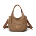 Borsa shopper in tela marrone con manici in pelle, borsa a tracolla casual per il lavoro. - Caffè