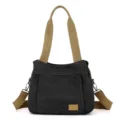 Borsa a tracolla in tela nera da donna, shopper casual capiente con manici color cachi. - Nero