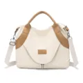 Vintage canvas shoulder tote bag for women, large capacity crossbody bag with brown PU accents. - Off White