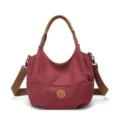Red canvas shoulder bag for women, casual tote handbag with brown top handles and strap. - Purple