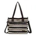 Schwarz-weiße gestreifte Canvas Umhängetasche, lässige große Shopper Tasche Damen. - Schwarz