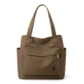 Borsa a tracolla casual in tela da donna, grande shopper kaki con tasca frontale. - Caffè