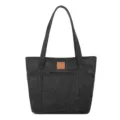 Black canvas tote bag, casual large capacity shoulder bag with zipper pocket for daily use. - Black