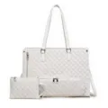 White quilted tote bag detail showing diamond pattern texture, dual handles and zipper pocket. - Off White