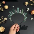 Green crystal crown headband with gothic metal skull design, perfect for Halloween photography. - Green Aventurine And Silver Crow Head
