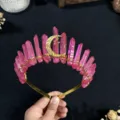 Natural crystal crown headband featuring pink quartz stones and a gold star moon charm detail for women. - Rose Red Gold Moon and Gold Star