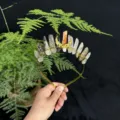 Nahaufnahme Detail des natürlichen Rohen Kristall Diadem Haarbands mit goldenem Mond Motiv. - Roter Jaspis Blume Golddraht Goldmond