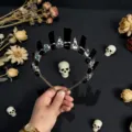 Gothic black crystal crown headband with skull details for Halloween parties and cosplay. - Obsidian And Silver Crow Head