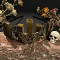 Natural tiger eye crystal crown headband with metal butterfly and skull charms for gothic photography. - Tiger Eye + Antique Bronze Crow & Butterfly