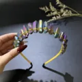 Detailed shot of crystal tiara, handmade quartz headband with wire wrapping, sparkling festival style. - Multicolor