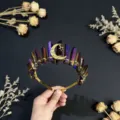 Natural crystal crown headband with purple quartz and gold star moon charm for women. - Dark Purple Gold Moon and Gold Star