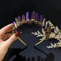 Natural raw crystal crown headband detail, handmade gold wire hair accessory for women. - Deep purple