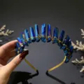 Blue crystal crown headband detail, handmade gold wire wrapped quartz for festival party. - Dark Blue