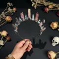 Natural crystal crown headband gothic healing stone tiara halloween party hair accessories - Rhodochrosite And Silver Crow Head