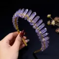 Close-up detail of the handmade purple quartz crystal crown headband with delicate gold wire wrap. - AB Purple