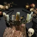 Natural crystal crown headband with gothic butterfly skull design, perfect for edgy fashion photography. - Amazon Stone + Antique Bronze Crow & Butterfly