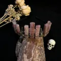 Gothic crystal crown headband with raw pink quartz pillars and raven skull charms detail. - Strawberry Quartz + Antique Bronze Crow Skull