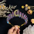 Natural crystal crown headband with gold wire, moon and star charms, magical hair accessory. - Pink Blue Gold Moon and Gold Star