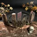 Gothic crystal crown headband with natural stone pillars, butterfly and skull metal accents for photos. - Rhodochrosite + Antique Bronze Crow & Butterfly