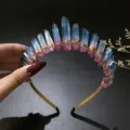 Crystal crown headband detail view, natural raw stone tiara for women party photo props. - Blue Red