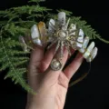 Natural crystal crown headband sun goddess golden sunburst tiara festival hair accessories for women - Grey Agate