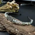 Handmade crystal chip crescent moon crown headband detail, unique pagan festival hair accessory. - Morganite With Moon