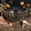Gothic crystal crown headband with butterfly and skull accents for photo props - Indian Agate + Antique Bronze Crow & Butterfly
