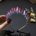Natural crystal crown headband with colorful quartz stones and gold wire, party festival. - Red Blue