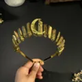Gold crystal crown headband detail, featuring wire-wrapped raw quartz points and moon charm. - Gold Gold Moon and Gold Star
