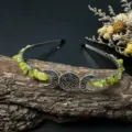 Crystal chip moon headband detail, handmade silver wire wrapped green stone hair accessory. - Green Nephrite With Moon