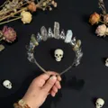 Detailed view of handmade crystal crown headband, gothic style dark accessory for women. - Grey Agate And Silver Crow Head