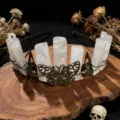 Gothic crystal crown headband close-up, featuring raw white quartz and butterfly skull details. - Electroplated Pink Quartz + Antique Bronze Crow & Butterfly
