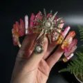 Detail view of the crystal sun goddess crown headband, showing raw quartz and gold metal. - Multicolor 2 Gold Sun
