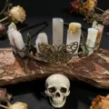 Gothic crystal crown headband with butterfly and raven skull, perfect for festival and party. - Grey Agate + Antique Bronze Crow & Butterfly