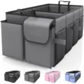 Foldable car trunk organizer with multiple compartments and convenient side mesh pockets. - Blue